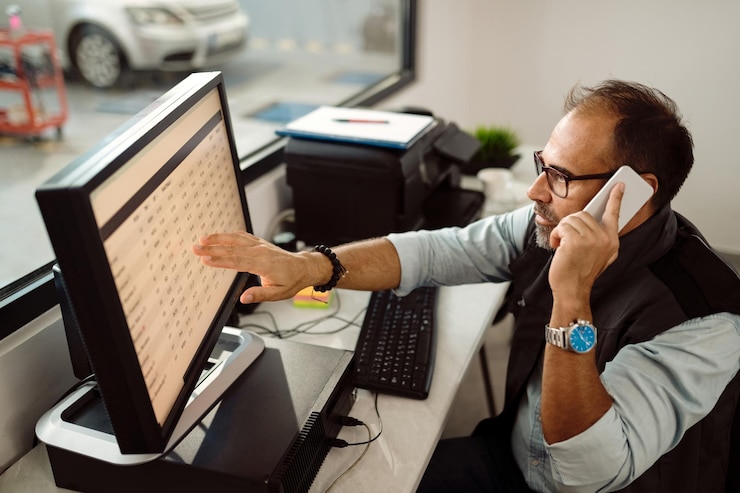 auto-mechanic-talking-phone-while-analyzing-data-desktop-pc-office Mechanic talking on phone